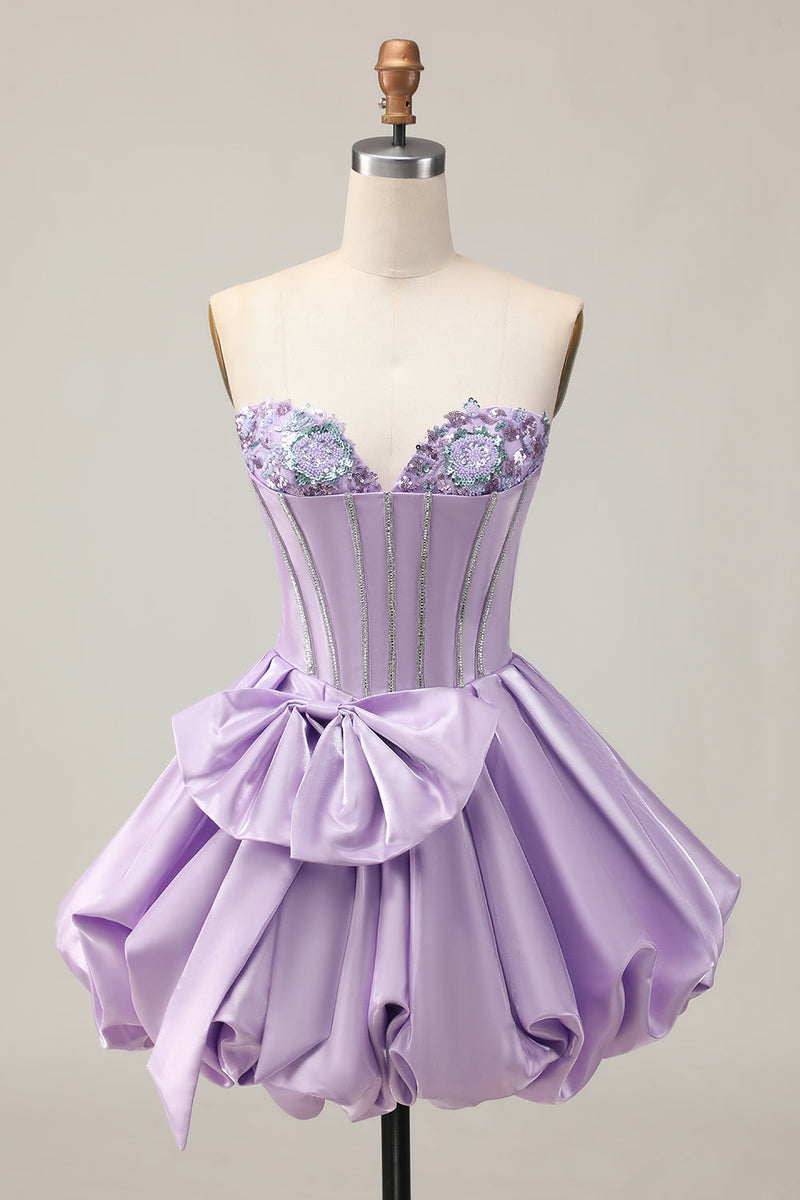 Load image into Gallery viewer, Sparkly Purple Beaded Corset Sweetheart Short Prom Dress with Bow
