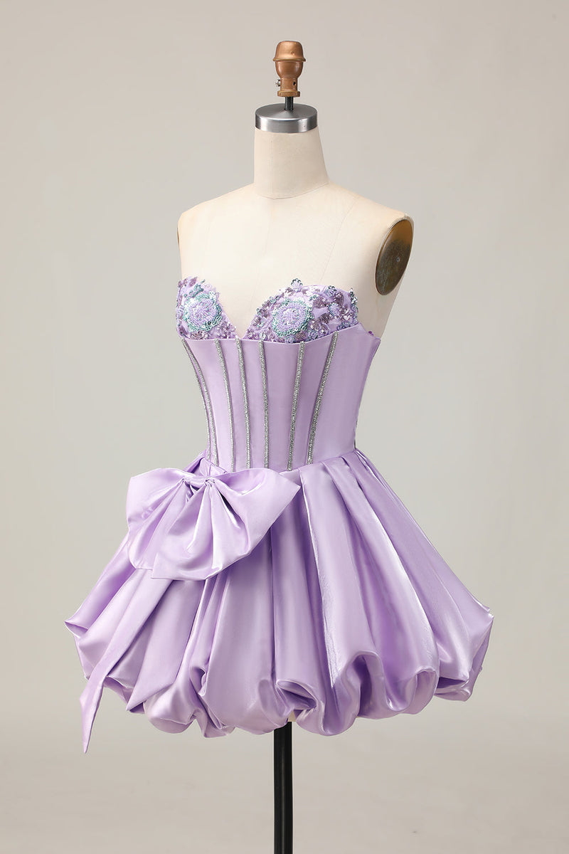 Load image into Gallery viewer, Sparkly Purple Beaded Corset Sweetheart Short Prom Dress with Bow