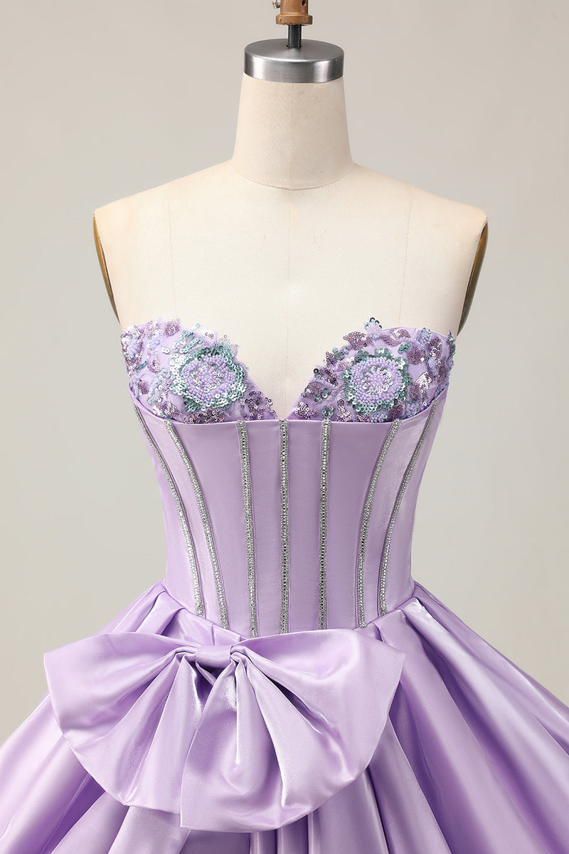 Load image into Gallery viewer, Sparkly Purple Beaded Corset Sweetheart Short Prom Dress with Bow