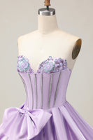 Load image into Gallery viewer, Sparkly Purple Beaded Corset Sweetheart Short Prom Dress with Bow