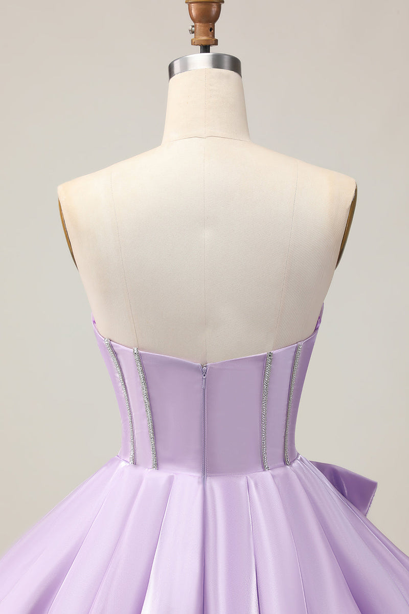 Load image into Gallery viewer, Sparkly Purple Beaded Corset Sweetheart Short Prom Dress with Bow