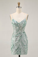 Load image into Gallery viewer, Sparkly Green Spaghetti Straps Corset Short Prom Dress with Sequins