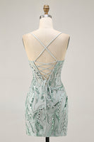 Load image into Gallery viewer, Sparkly Green Spaghetti Straps Corset Short Prom Dress with Sequins