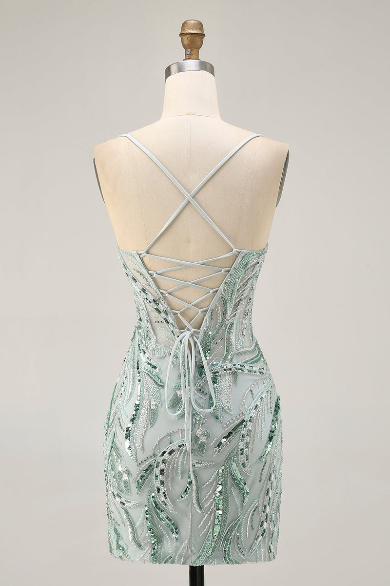 Load image into Gallery viewer, Sparkly Green Spaghetti Straps Corset Short Prom Dress with Sequins