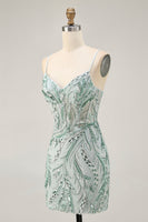 Load image into Gallery viewer, Sparkly Green Spaghetti Straps Corset Short Prom Dress with Sequins