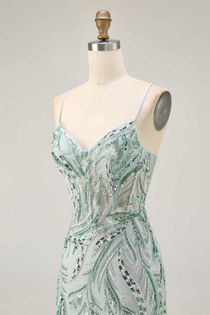 Load image into Gallery viewer, Sparkly Green Spaghetti Straps Corset Short Prom Dress with Sequins
