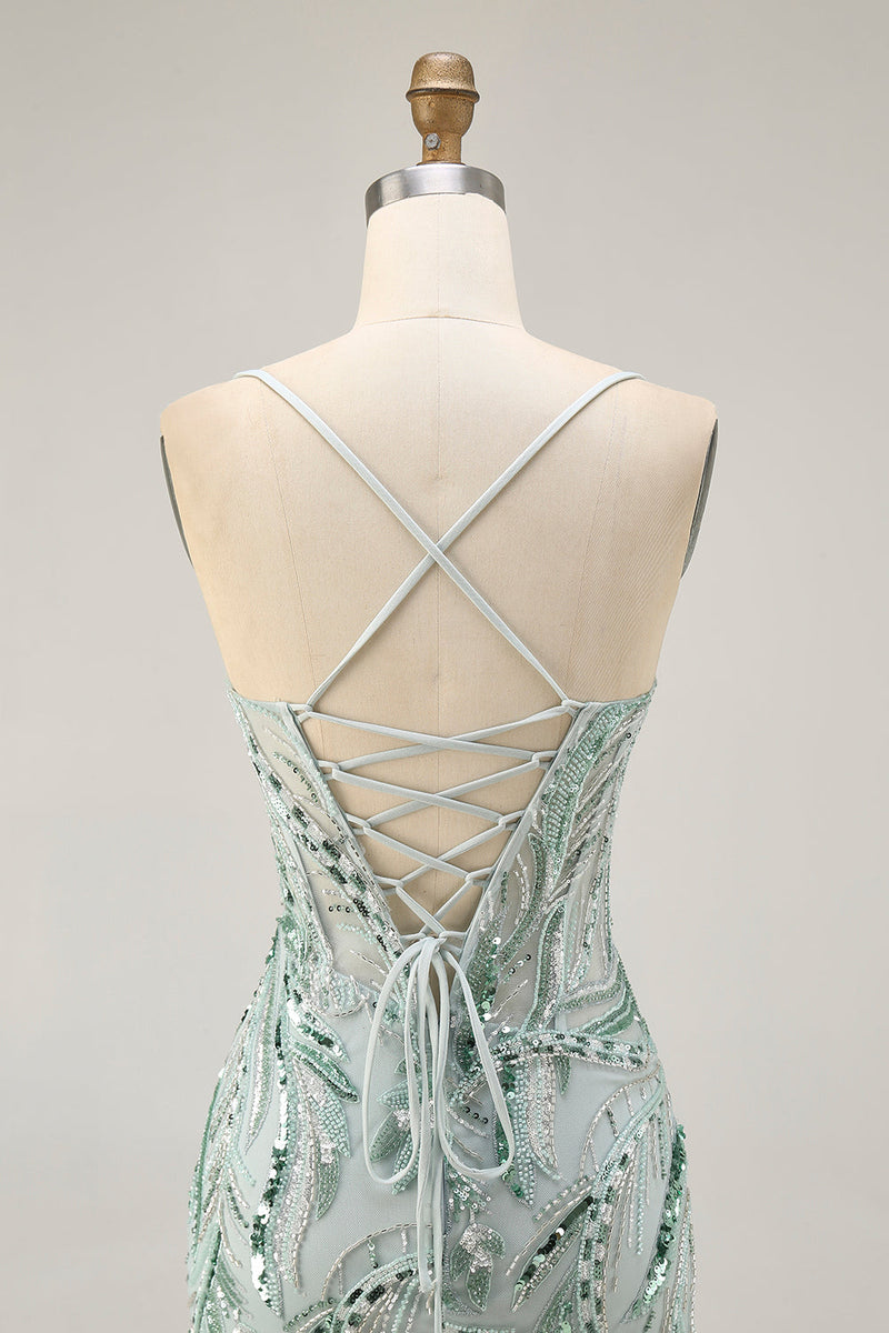 Load image into Gallery viewer, Sparkly Green Spaghetti Straps Corset Short Prom Dress with Sequins