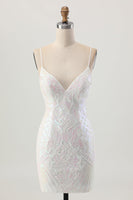 Load image into Gallery viewer, Sparkly White Sequin Spaghetti Straps Short Prom Dress