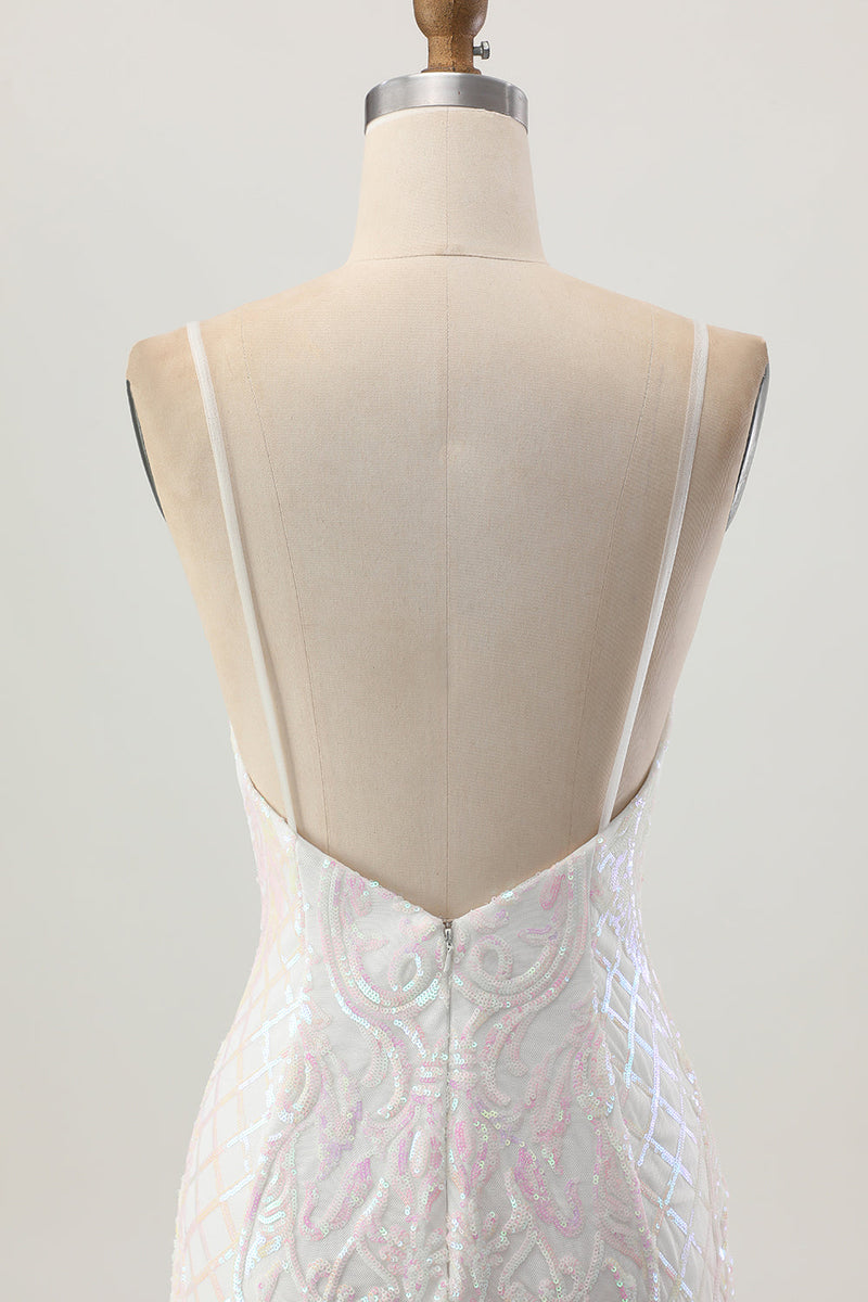 Load image into Gallery viewer, Sparkly White Sequin Spaghetti Straps Short Prom Dress