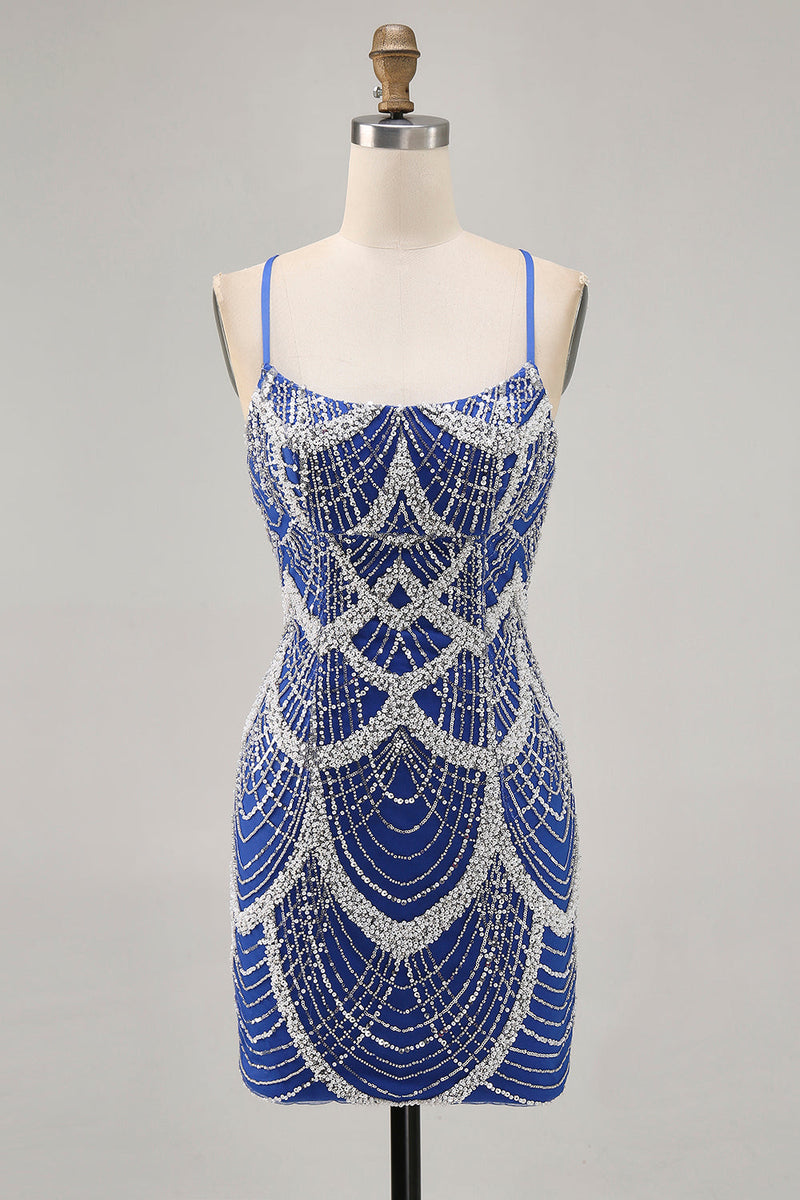 Load image into Gallery viewer, Sparkly Royal Blue Short Tight Prom Dress with Beading