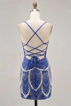 Sparkly Royal Blue Short Tight Prom Dress with Beading