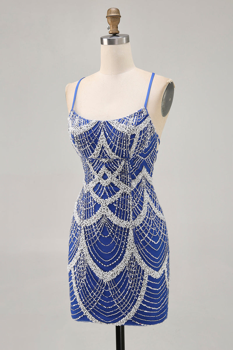 Load image into Gallery viewer, Sparkly Royal Blue Short Tight Prom Dress with Beading