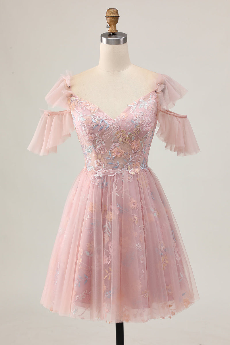 Load image into Gallery viewer, Sparkly Blush Cold Shoulder Floral Short Prom Dress with Ruffles