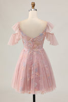 Load image into Gallery viewer, Sparkly Blush Cold Shoulder Floral Short Prom Dress with Ruffles