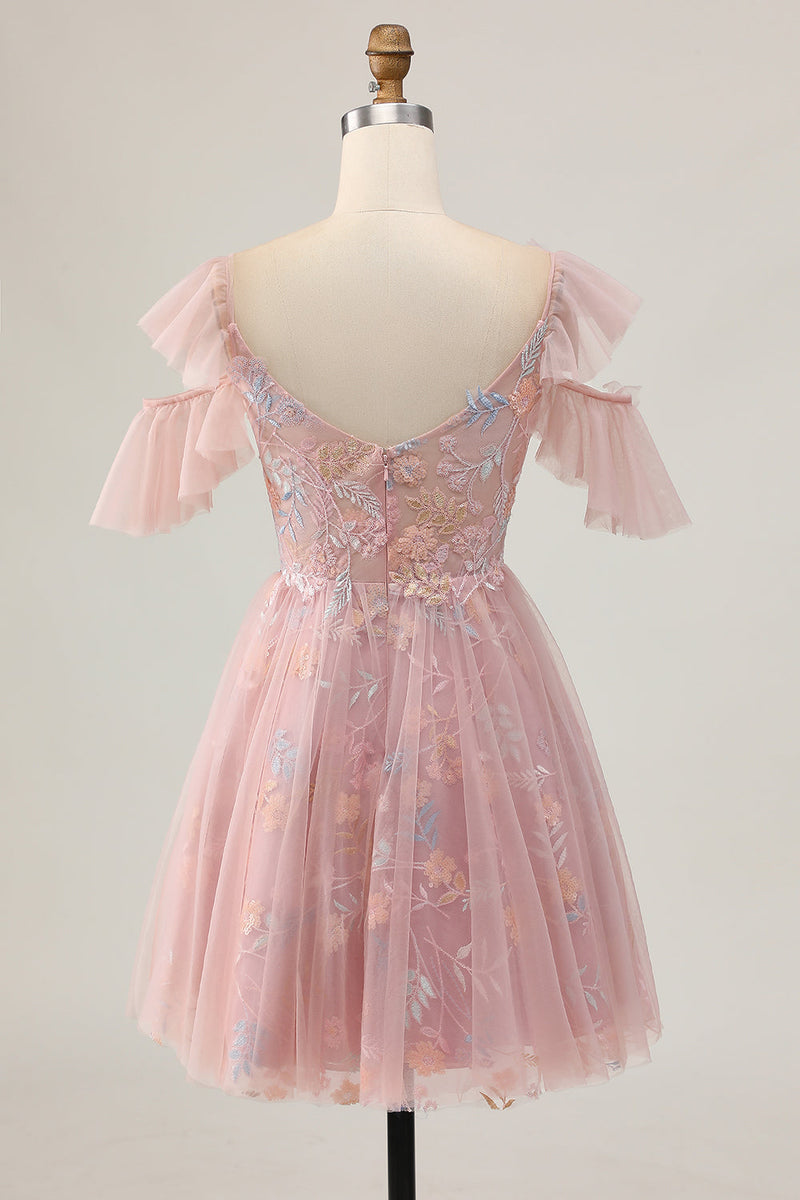 Load image into Gallery viewer, Sparkly Blush Cold Shoulder Floral Short Prom Dress with Ruffles