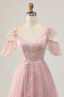 Load image into Gallery viewer, Sparkly Blush Cold Shoulder Floral Short Prom Dress with Ruffles