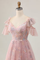 Load image into Gallery viewer, Sparkly Blush Cold Shoulder Floral Short Prom Dress with Ruffles