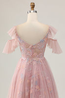 Load image into Gallery viewer, Sparkly Blush Cold Shoulder Floral Short Prom Dress with Ruffles