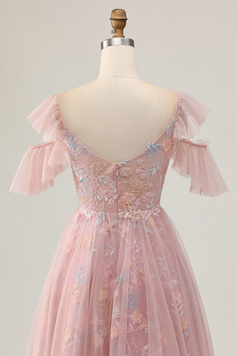 Load image into Gallery viewer, Sparkly Blush Cold Shoulder Floral Short Prom Dress with Ruffles