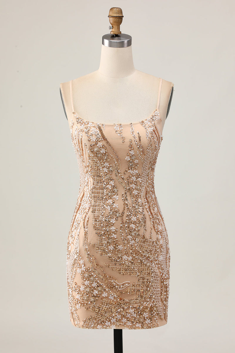 Load image into Gallery viewer, Sparkly Champagne Tight Floral Short Prom Dress with Beading
