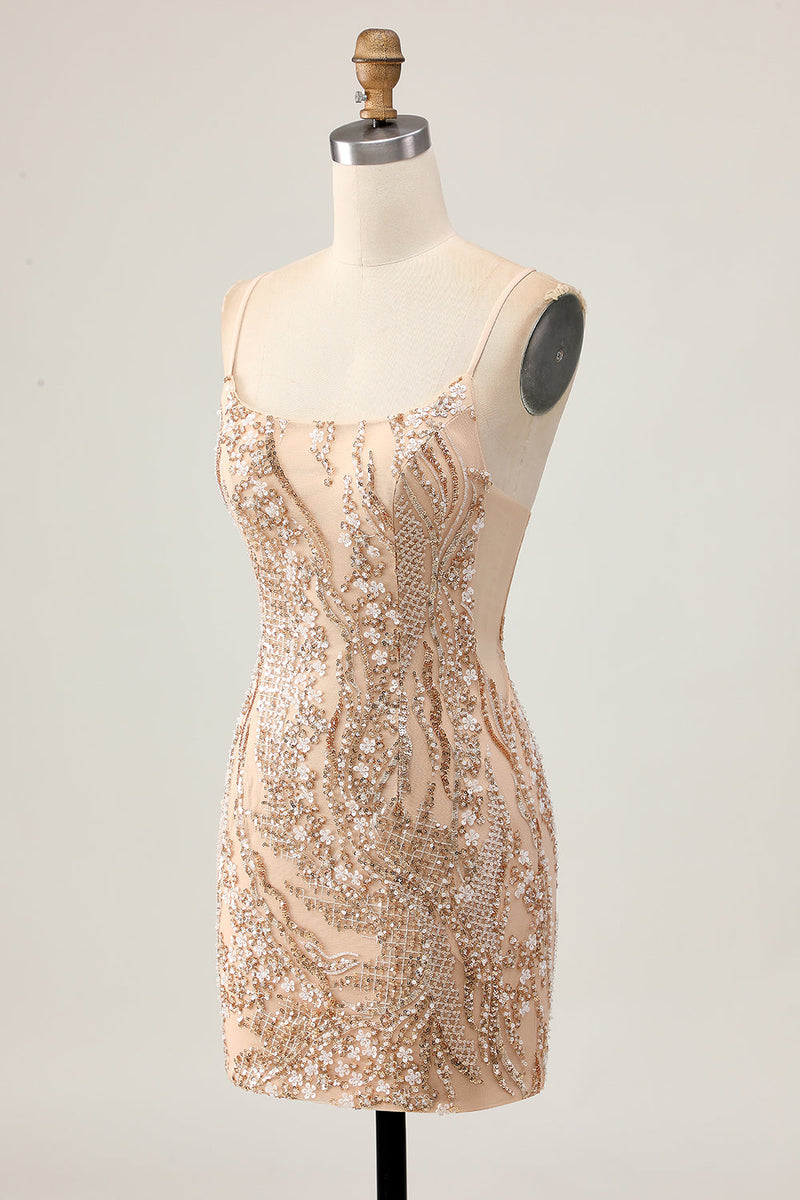 Load image into Gallery viewer, Sparkly Champagne Tight Floral Short Prom Dress with Beading