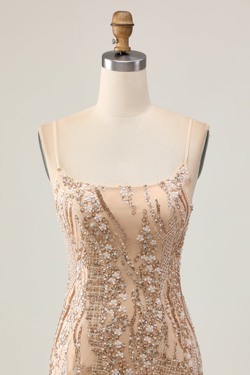 Load image into Gallery viewer, Sparkly Champagne Tight Floral Short Prom Dress with Beading