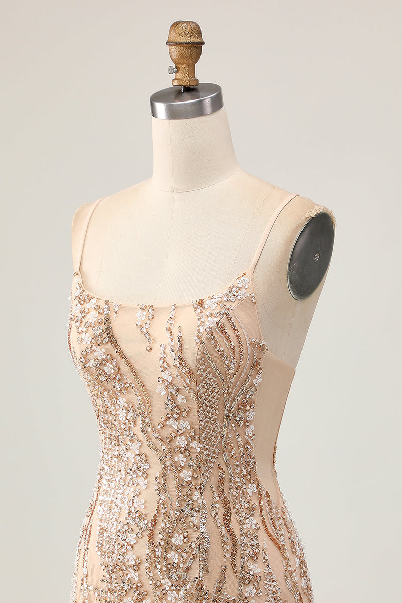 Load image into Gallery viewer, Sparkly Champagne Tight Floral Short Prom Dress with Beading