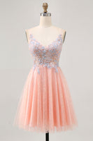 Load image into Gallery viewer, Sparkly Blush and Blue Short Appliqued Prom Dress with Sequins