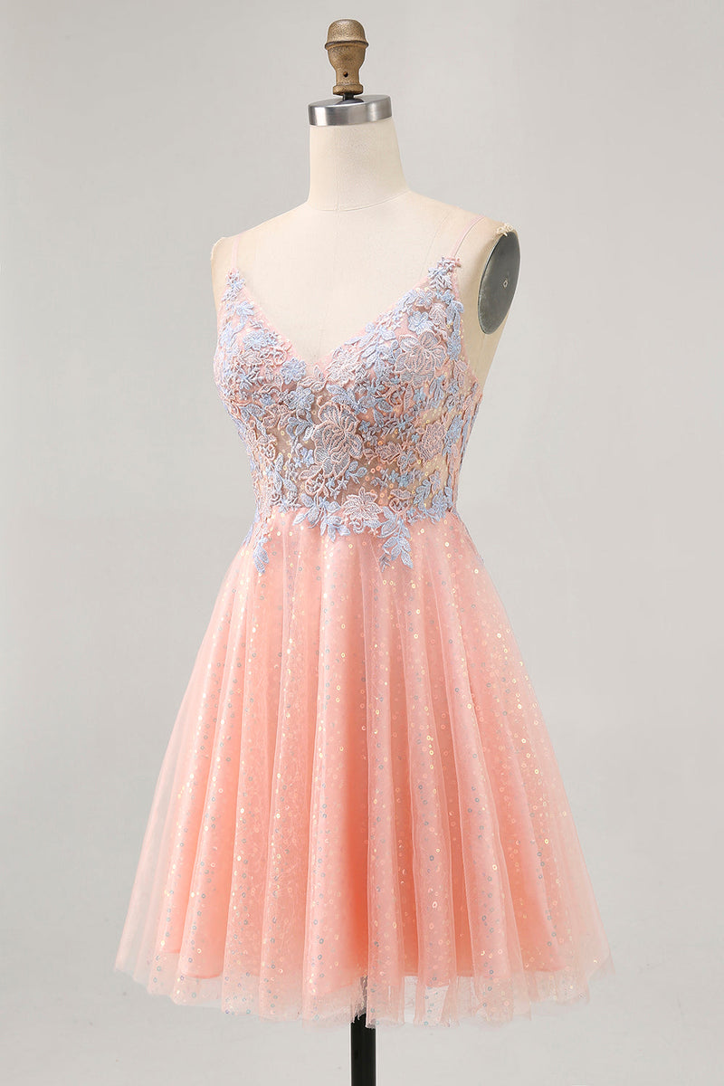 Load image into Gallery viewer, Sparkly Blush and Blue Short Appliqued Prom Dress with Sequins