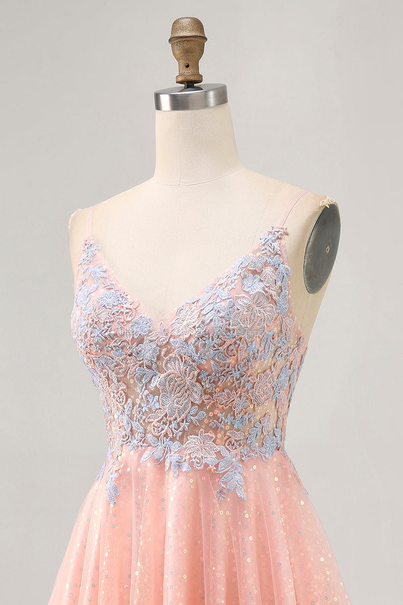Load image into Gallery viewer, Sparkly Blush and Blue Short Appliqued Prom Dress with Sequins