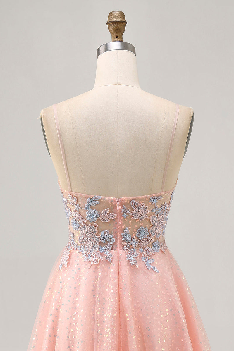 Load image into Gallery viewer, Sparkly Blush and Blue Short Appliqued Prom Dress with Sequins