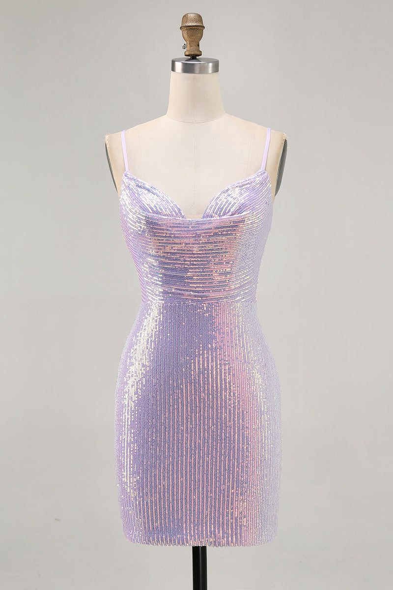 Load image into Gallery viewer, Sparkly Lilac Tight Sequin Backless Short Prom Dress
