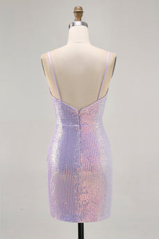Sparkly Lilac Tight Sequin Backless Short Prom Dress