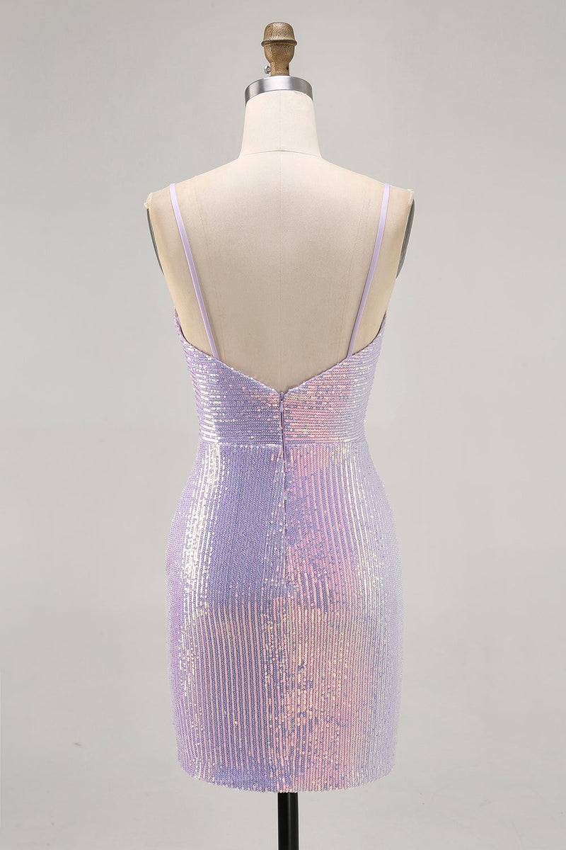 Load image into Gallery viewer, Sparkly Lilac Tight Sequin Backless Short Prom Dress