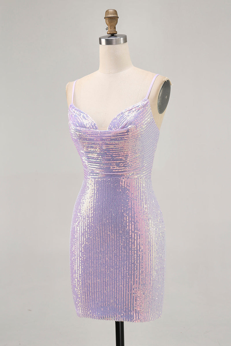 Load image into Gallery viewer, Sparkly Lilac Tight Sequin Backless Short Prom Dress
