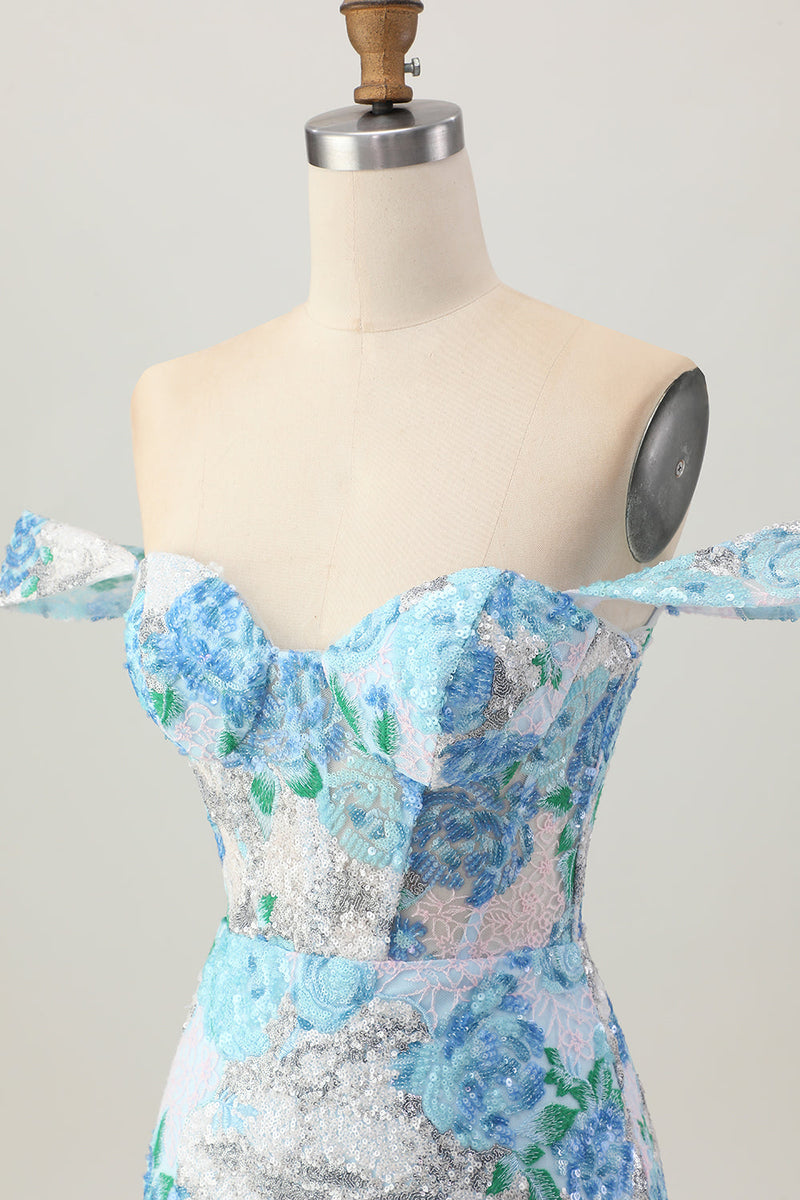 Load image into Gallery viewer, Sparkly White Blue Floral Tight Short Prom Dress with Sequin