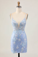 Load image into Gallery viewer, Sparkly Light Blue Tight Floral Short Corset Prom Dress with Appliques