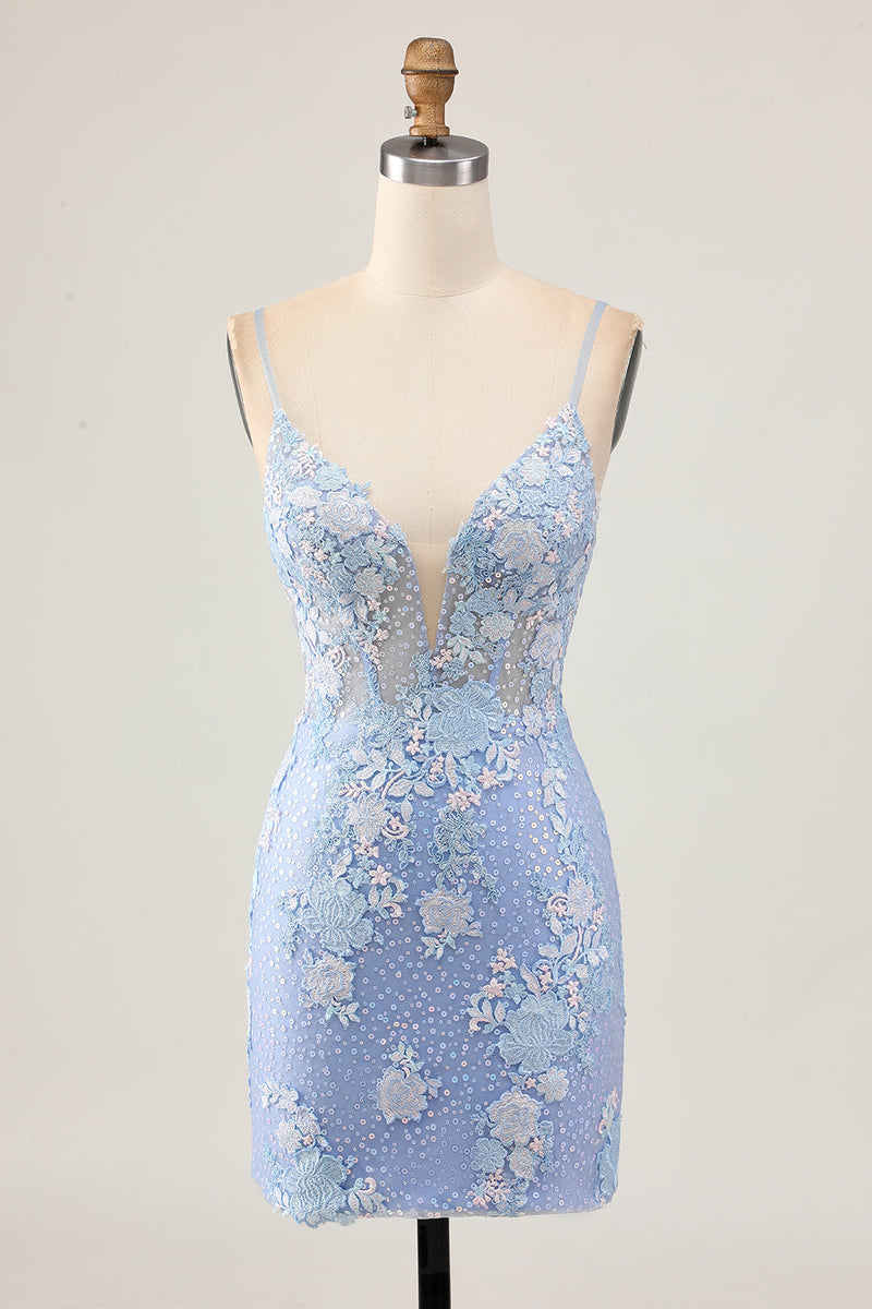 Load image into Gallery viewer, Sparkly Light Blue Tight Floral Short Corset Prom Dress with Appliques