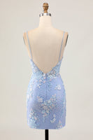 Load image into Gallery viewer, Sparkly Light Blue Tight Floral Short Corset Prom Dress with Appliques