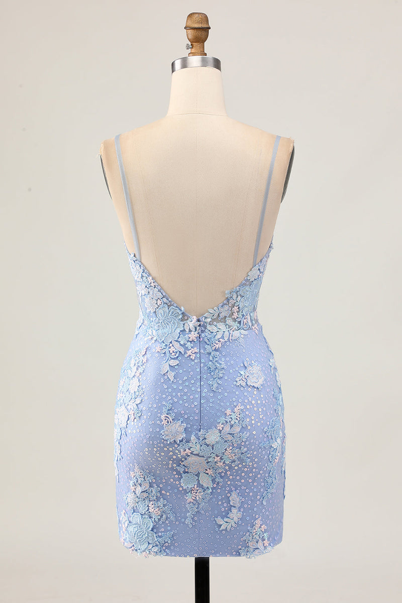 Load image into Gallery viewer, Sparkly Light Blue Tight Floral Short Corset Prom Dress with Appliques