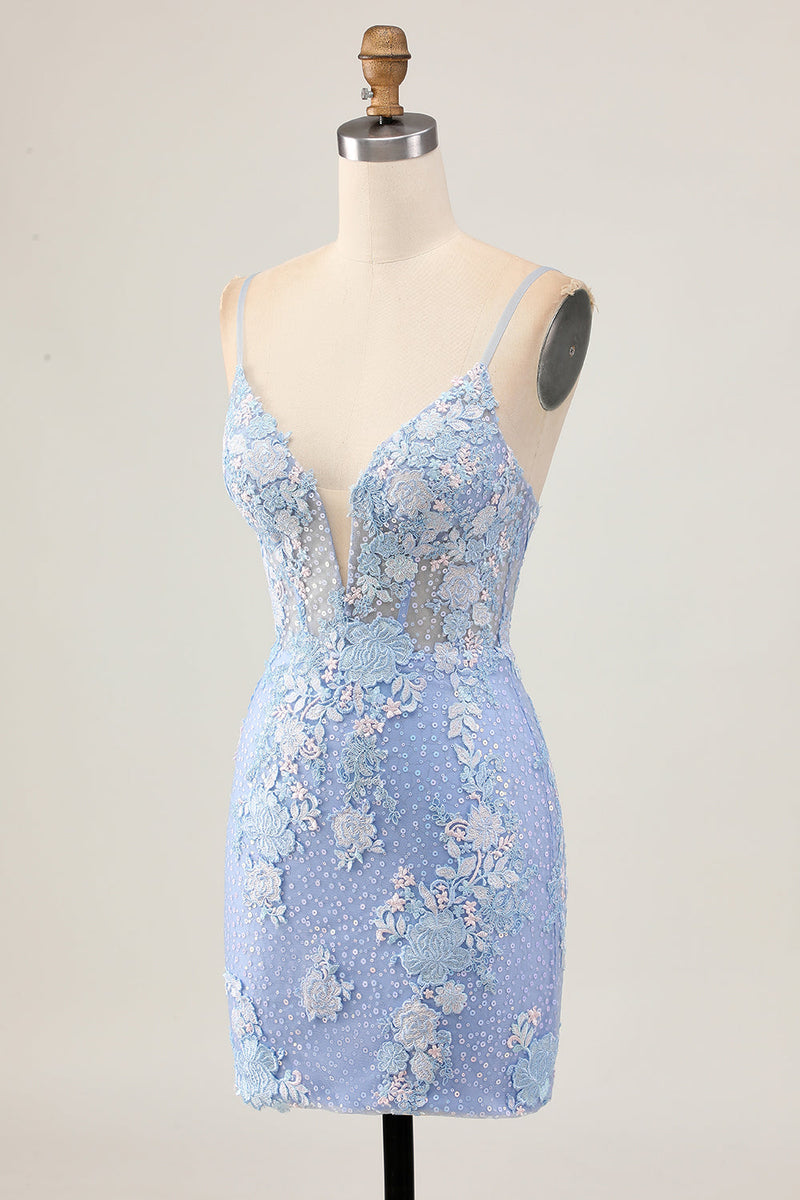 Load image into Gallery viewer, Sparkly Light Blue Tight Floral Short Corset Prom Dress with Appliques