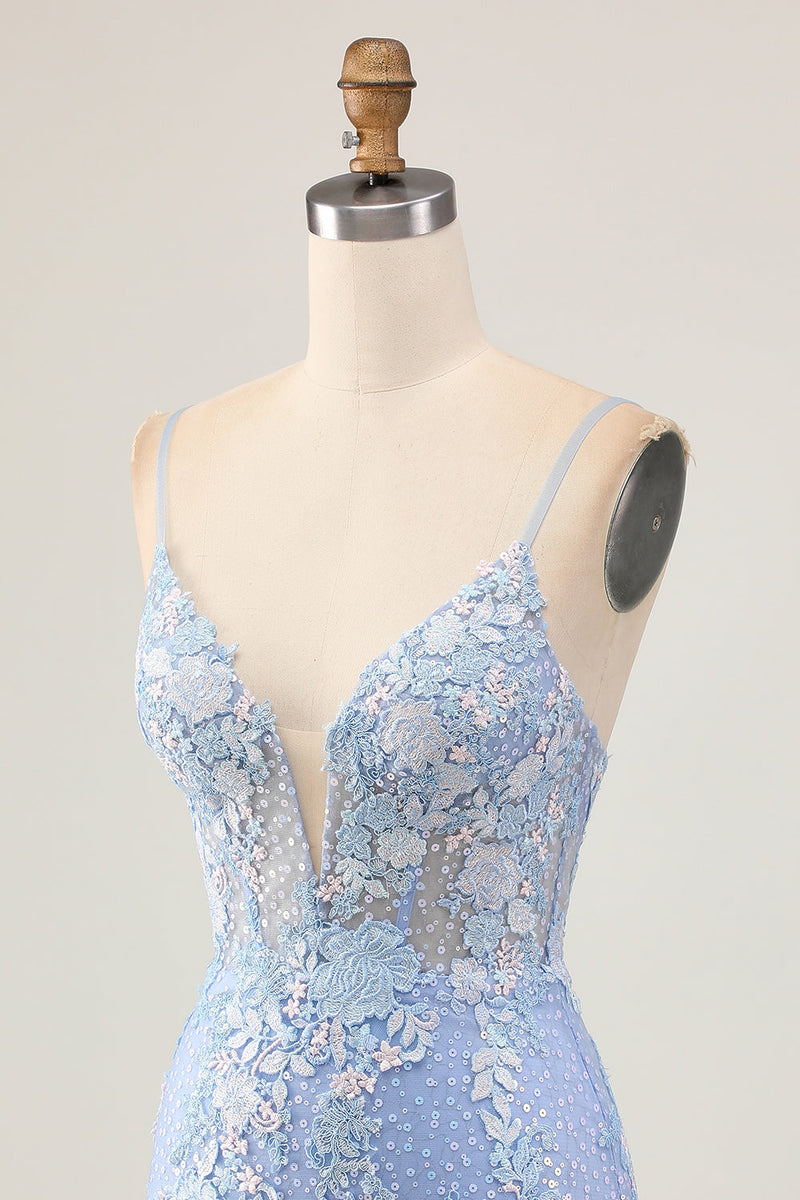 Load image into Gallery viewer, Sparkly Light Blue Tight Floral Short Corset Prom Dress with Appliques