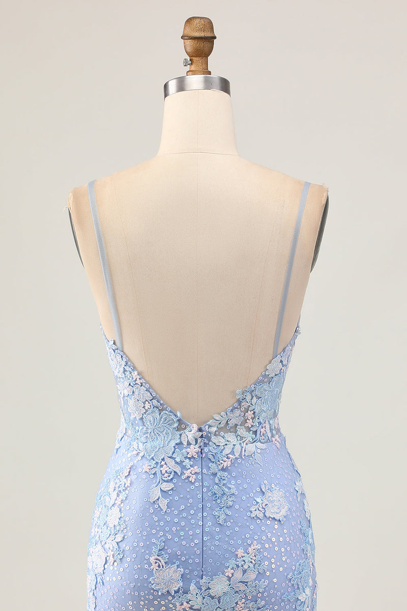Load image into Gallery viewer, Sparkly Light Blue Tight Floral Short Corset Prom Dress with Appliques