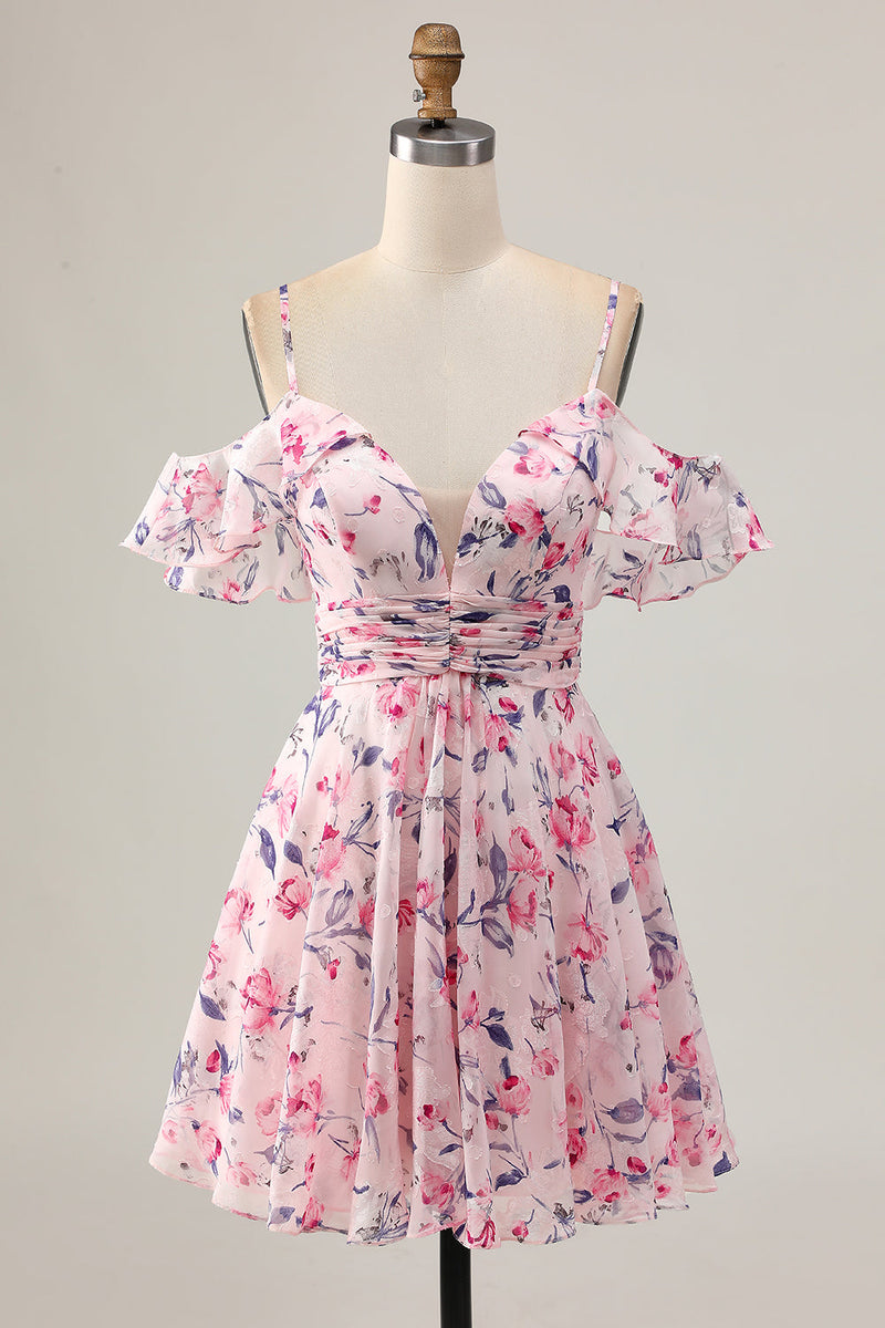 Load image into Gallery viewer, Pink Floral Ruched Chiffon Short Prom Dress with Ruffles
