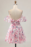 Load image into Gallery viewer, Pink Floral Ruched Chiffon Short Prom Dress with Ruffles