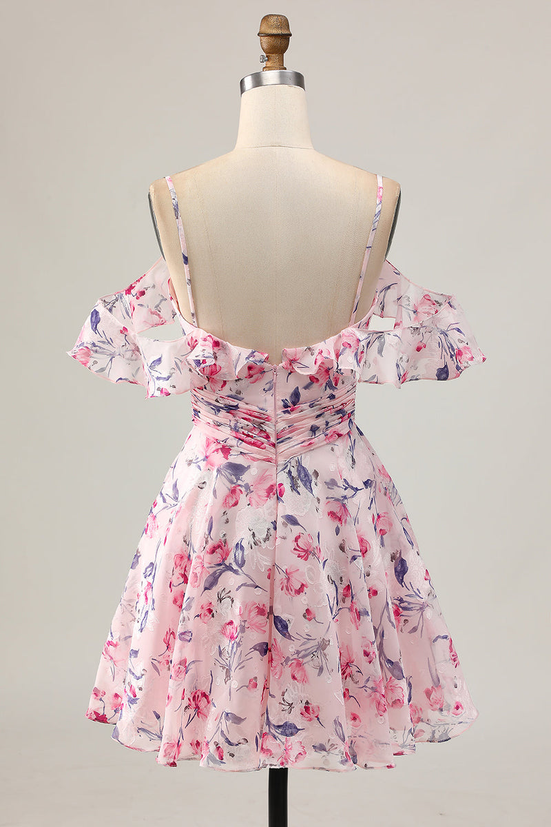 Load image into Gallery viewer, Pink Floral Ruched Chiffon Short Prom Dress with Ruffles