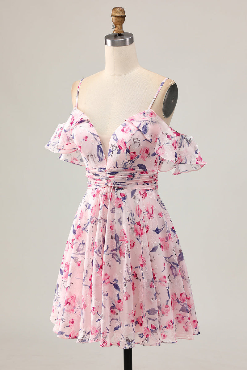 Load image into Gallery viewer, Pink Floral Ruched Chiffon Short Prom Dress with Ruffles