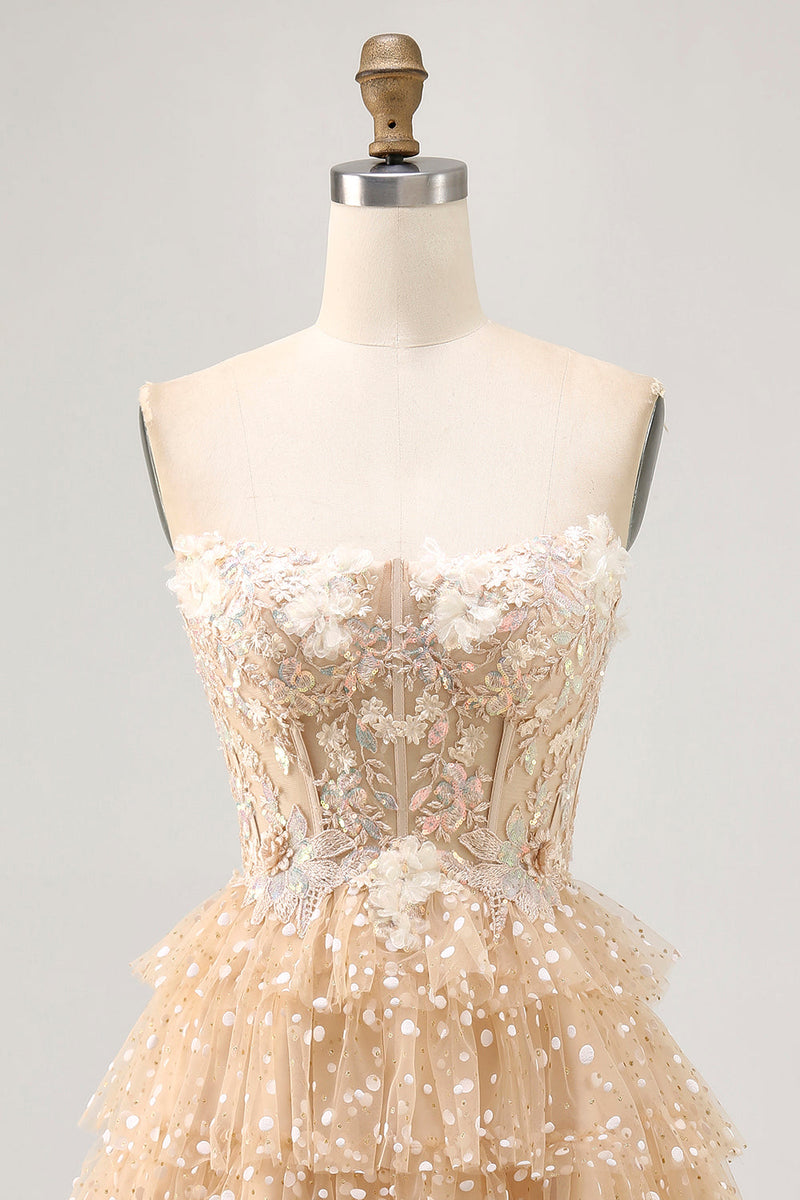 Load image into Gallery viewer, Sparkly Champagne Floral Corset Short Polka Dots Prom Dress