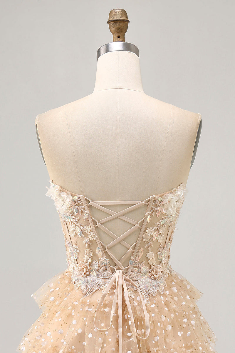 Load image into Gallery viewer, Sparkly Champagne Floral Corset Short Polka Dots Prom Dress