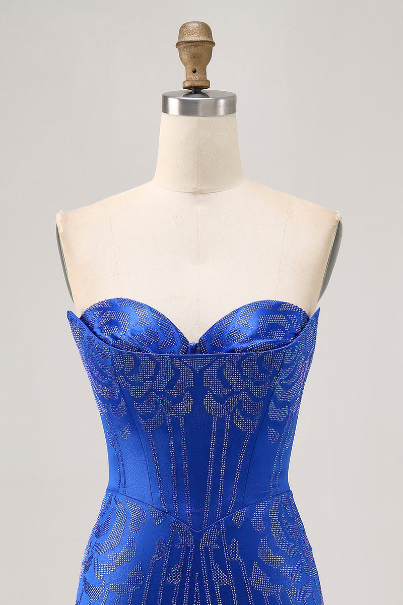 Load image into Gallery viewer, Sparkly Royal Blue Short Satin Tight Prom Dress with Beading